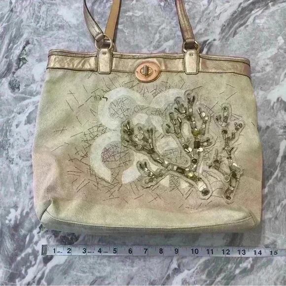 AUTHENTIC COACH 17031 AUDREY CORAL CANVAS TOTE PURSE BAG CREAM PINK VACATION - Picture 5 of 12